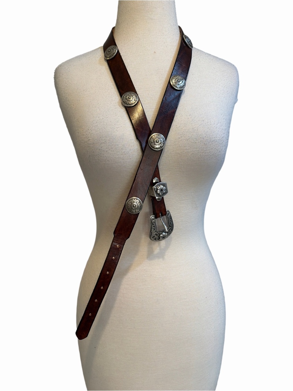Vintage Brown genuine Leather Western Belt with Floral Silver Conchos - Picture 2 of 8